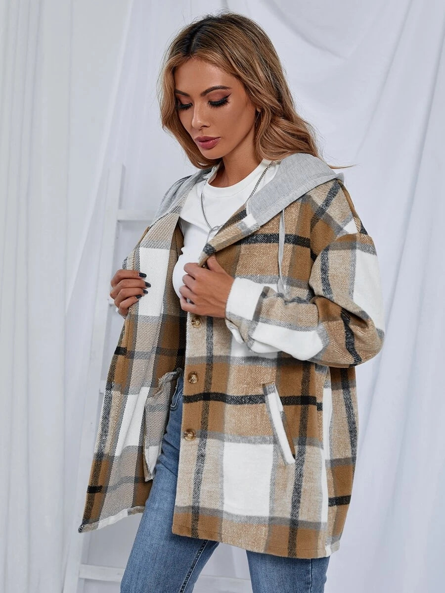 Veste à capuche mi-longue à carreaux en tweed