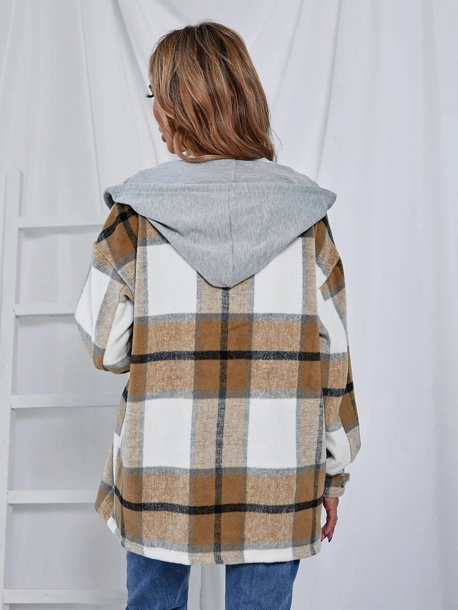 Veste à capuche mi-longue à carreaux en tweed