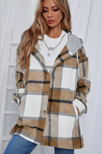 Mittellange Tweed-Karo-Kapuzenjacke