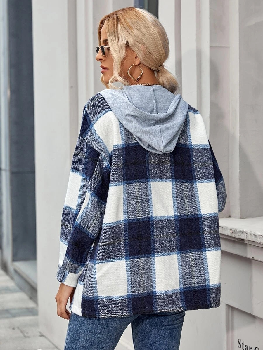 Veste à capuche mi-longue à carreaux en tweed