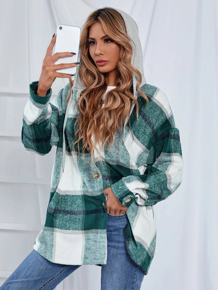 Veste à capuche mi-longue à carreaux en tweed