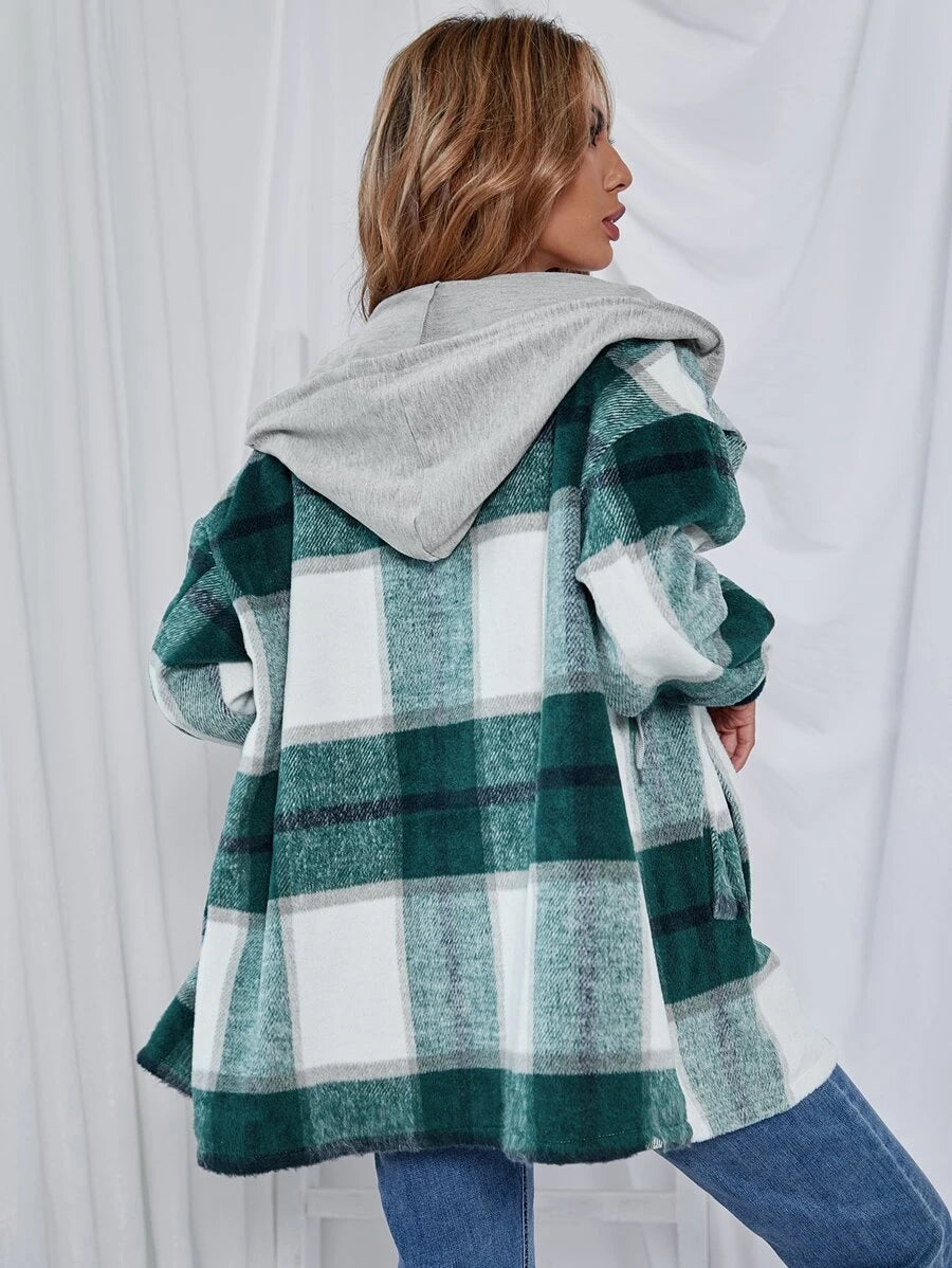 Veste à capuche mi-longue à carreaux en tweed