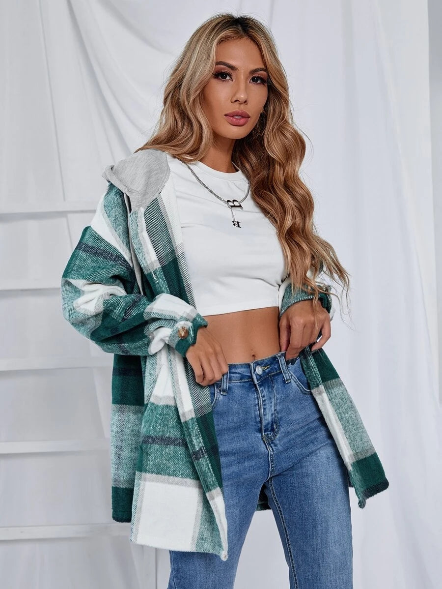Veste à capuche mi-longue à carreaux en tweed