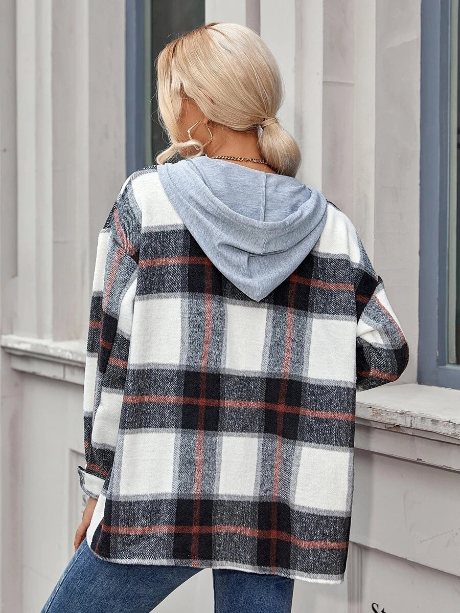 Veste à capuche mi-longue à carreaux en tweed