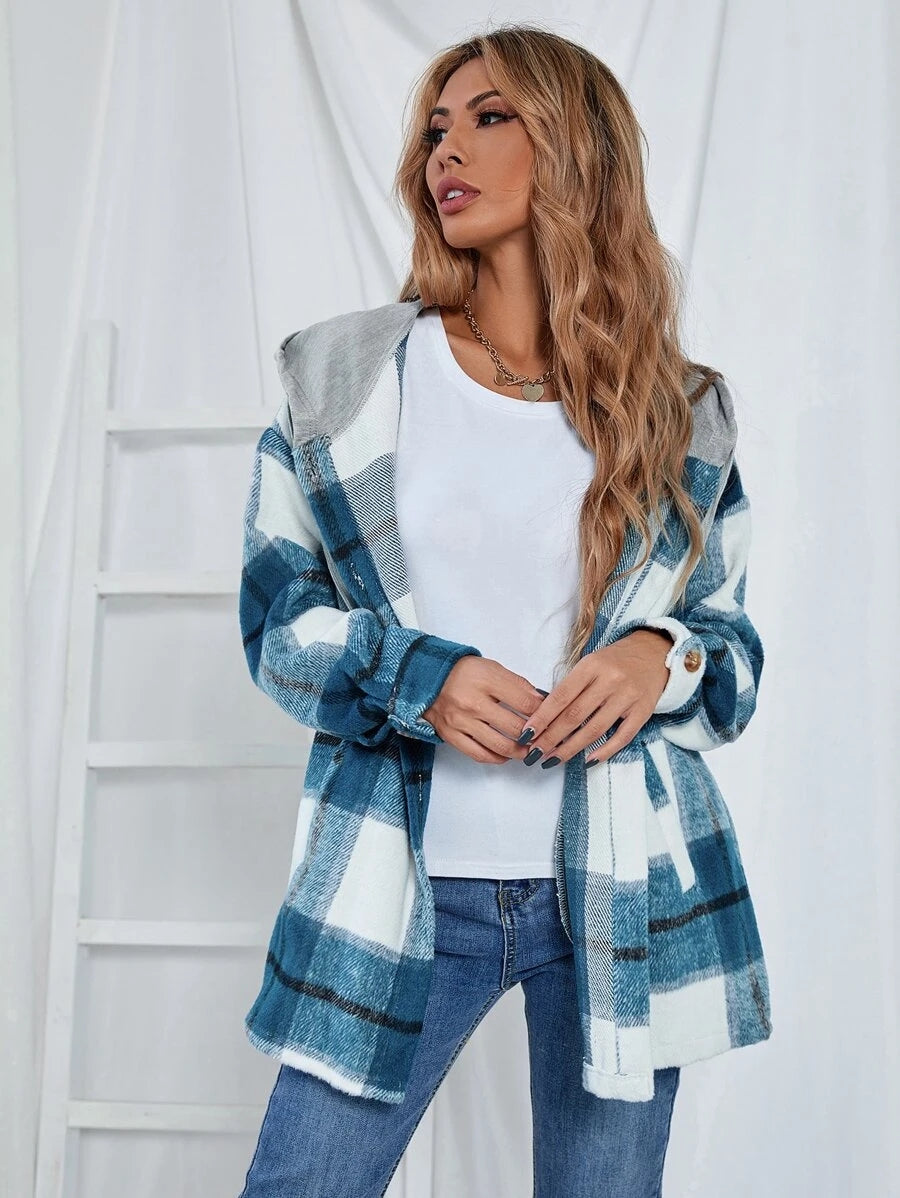 Veste à capuche mi-longue à carreaux en tweed