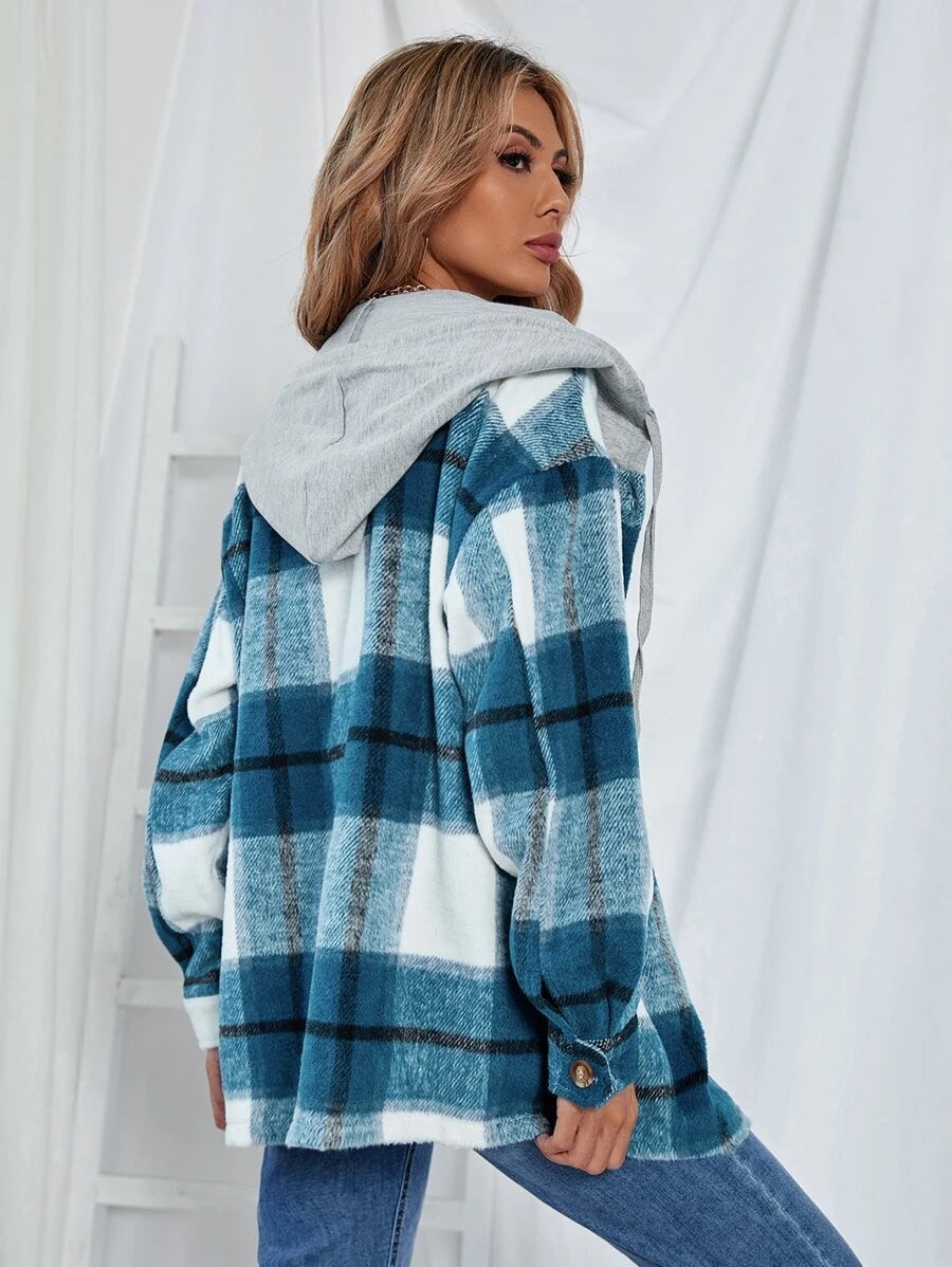 Veste à capuche mi-longue à carreaux en tweed
