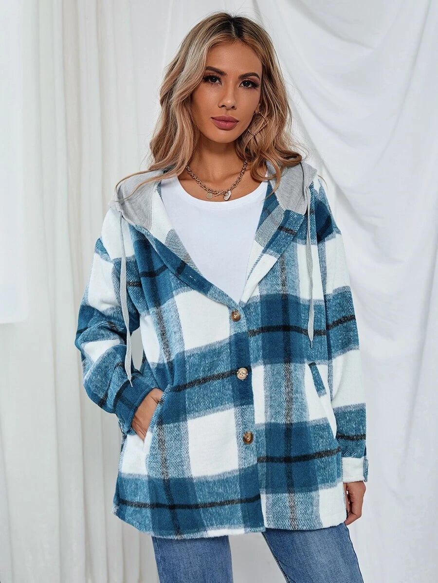 Veste à capuche mi-longue à carreaux en tweed