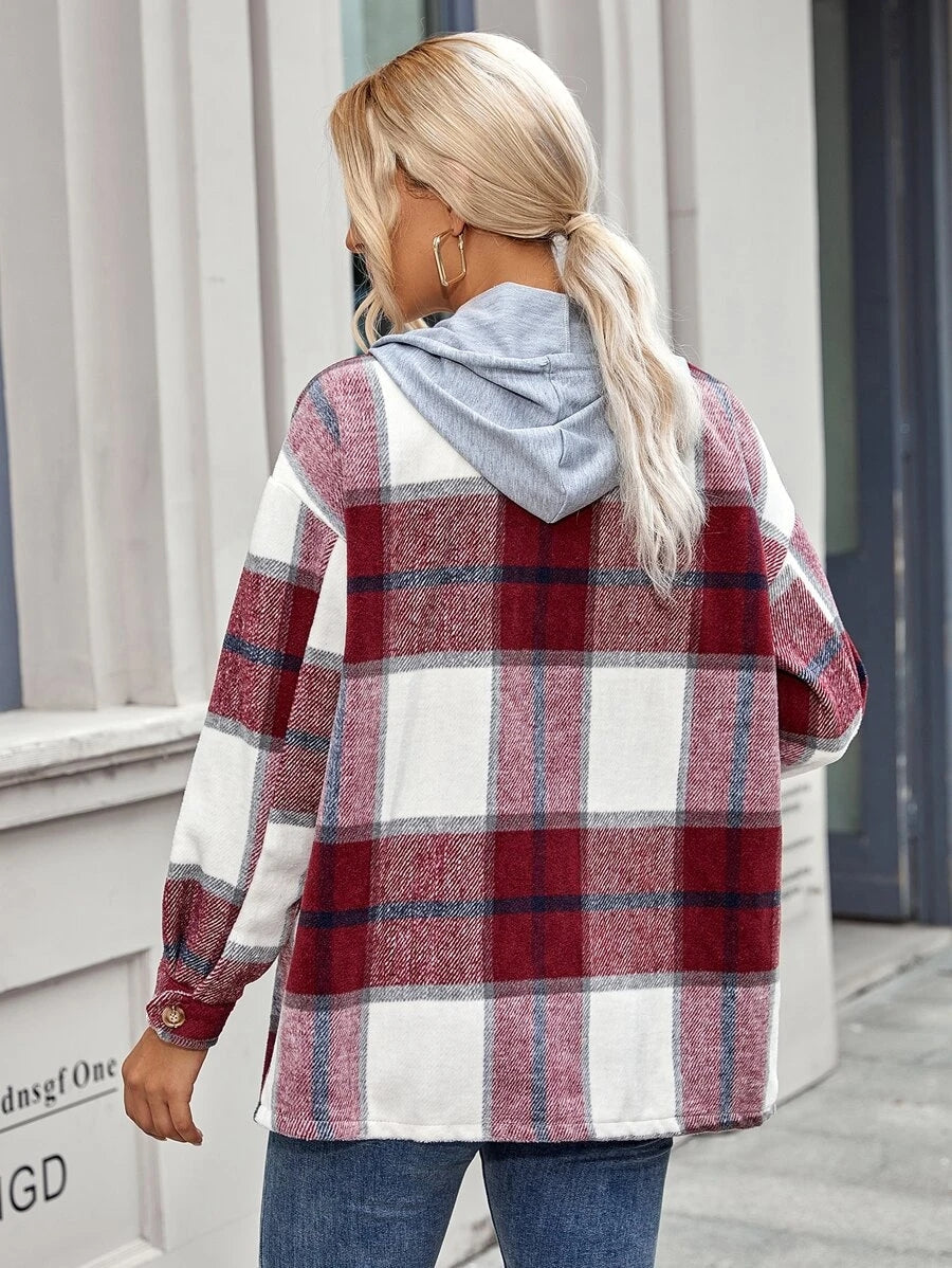 Veste à capuche mi-longue à carreaux en tweed