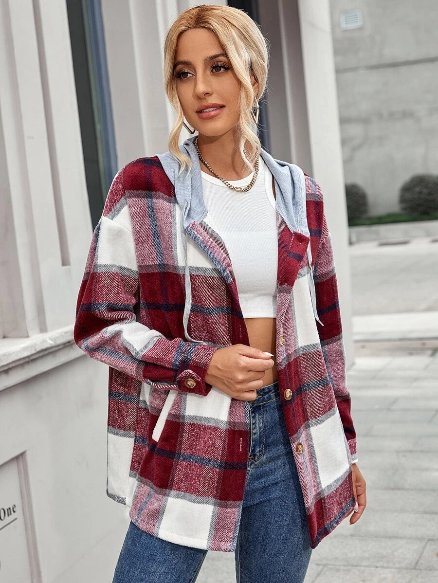 Veste à capuche mi-longue à carreaux en tweed