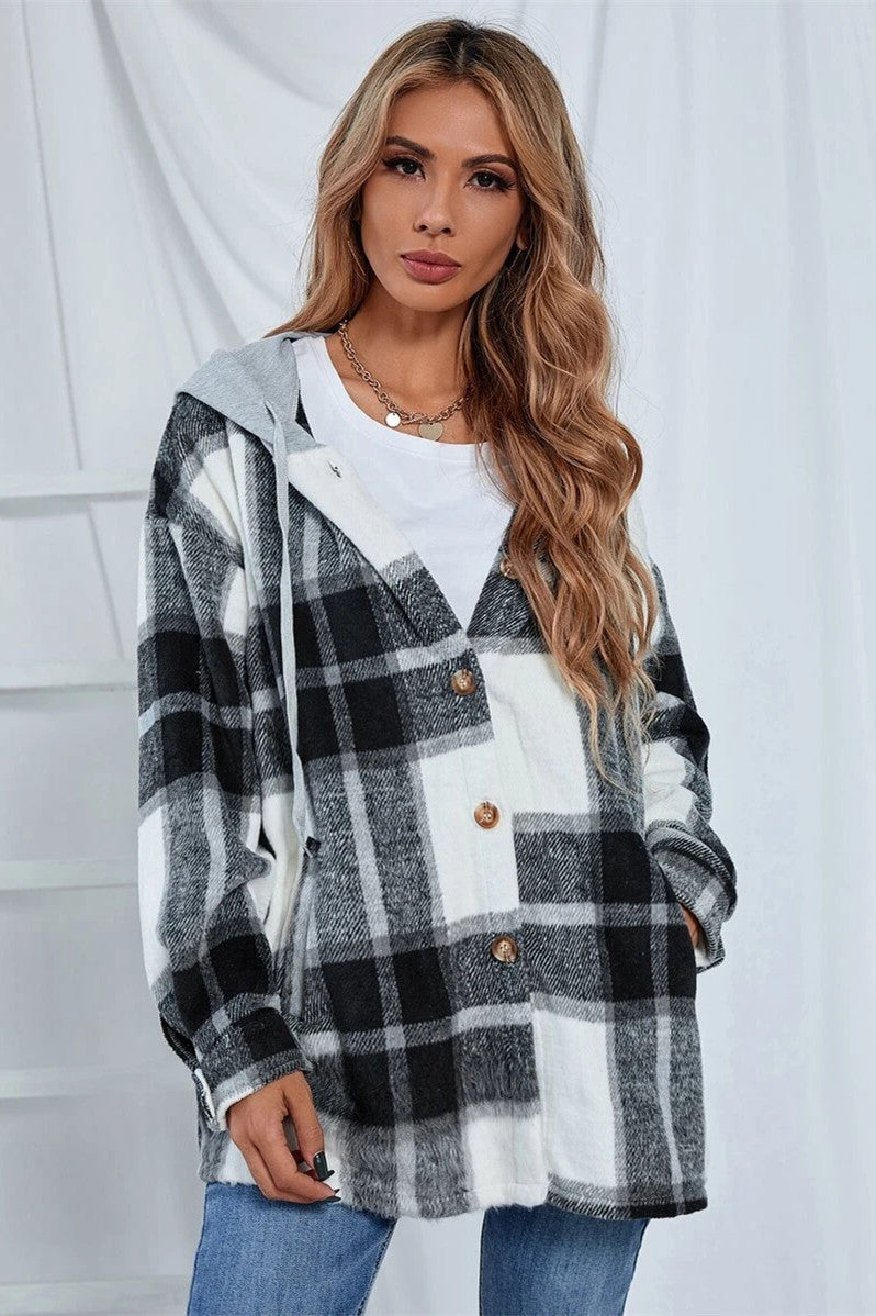 Veste à capuche mi-longue à carreaux en tweed