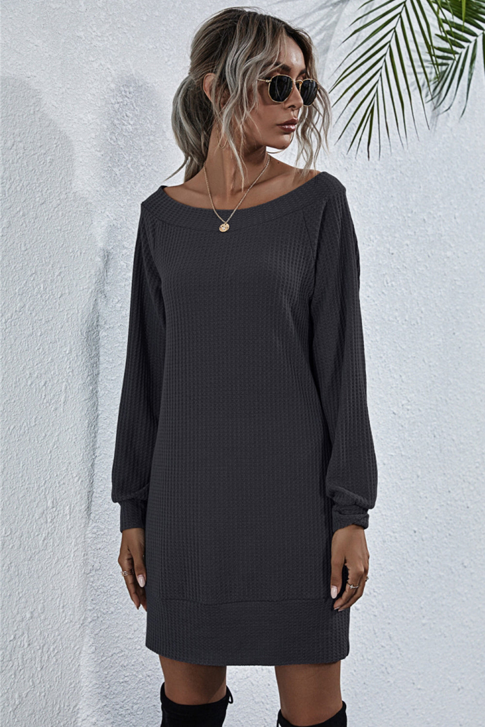 Off Shoulder Knitted Long Sleeve Dress