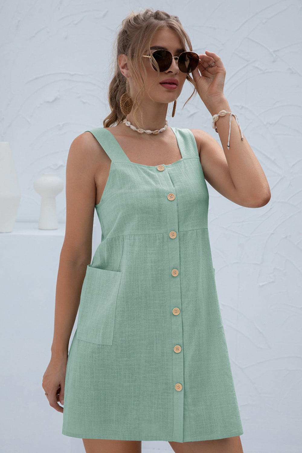 Solid Color Pocket Strap Short Dress