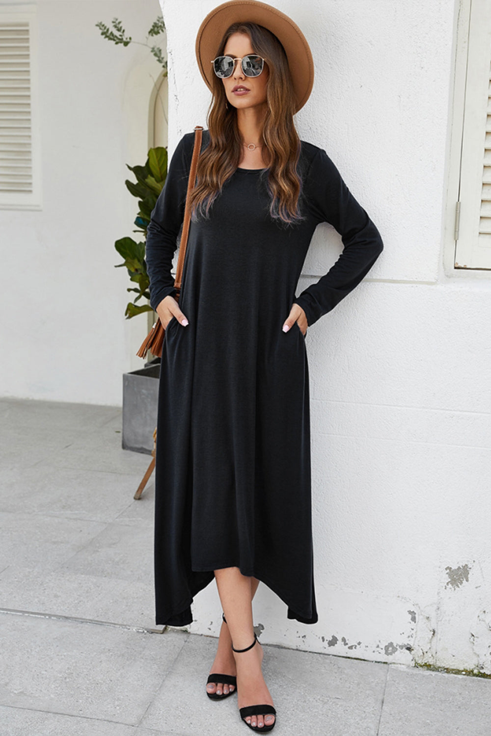Solid Color Big Swing Skirt Long Sleeve Dress