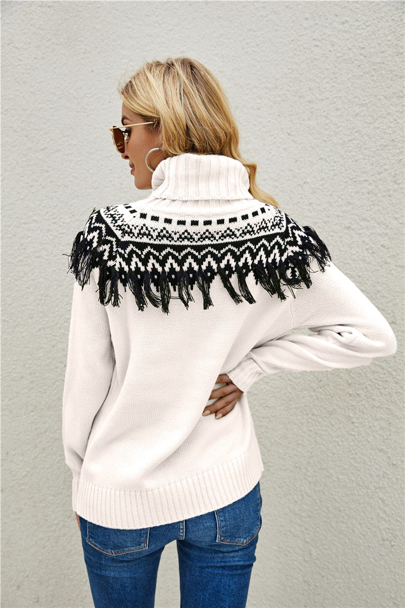 Pull à col roulé à franges brodées vintage