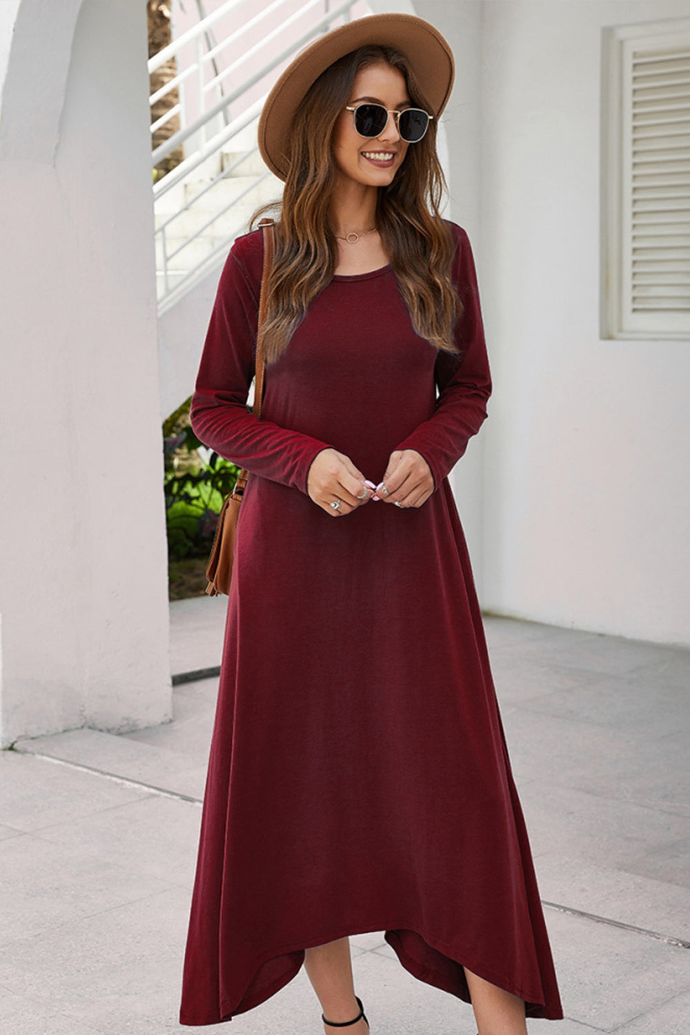 Solid Color Big Swing Skirt Long Sleeve Dress