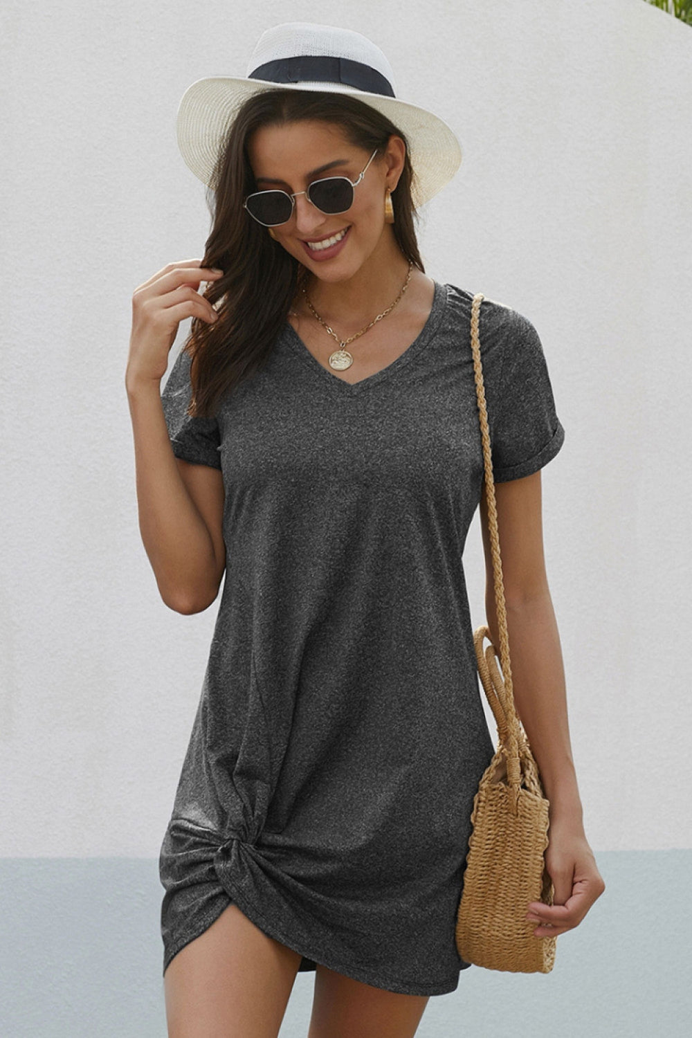 Flanging cuffs Side knot dress