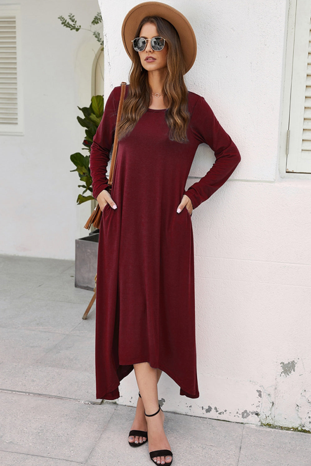 Solid Color Big Swing Skirt Long Sleeve Dress