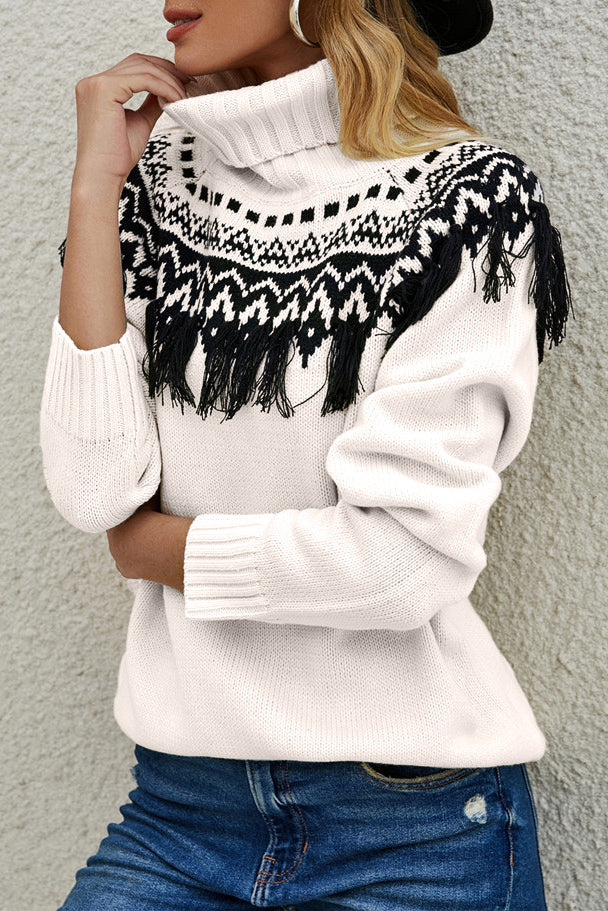 Pull à col roulé à franges brodées vintage