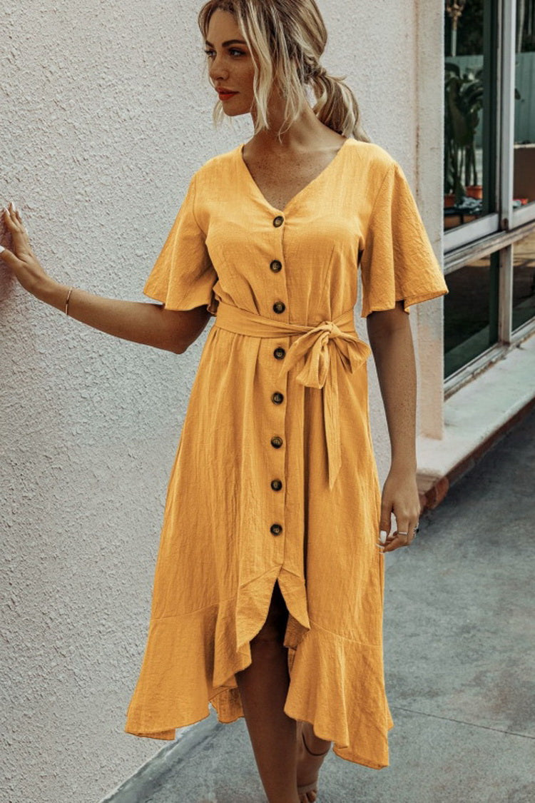 Ruffled V-neck Short Sleeve Button Lace Pure Color Dress