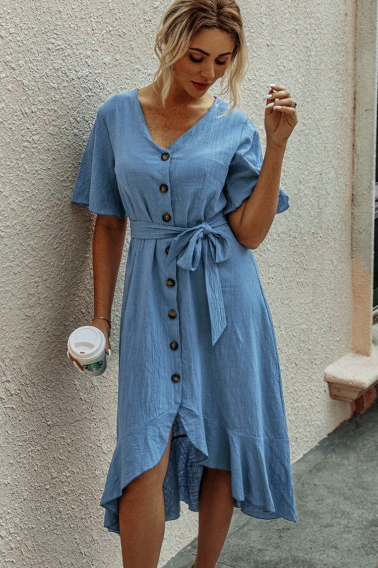 Ruffled V-neck Short Sleeve Button Lace Pure Color Dress