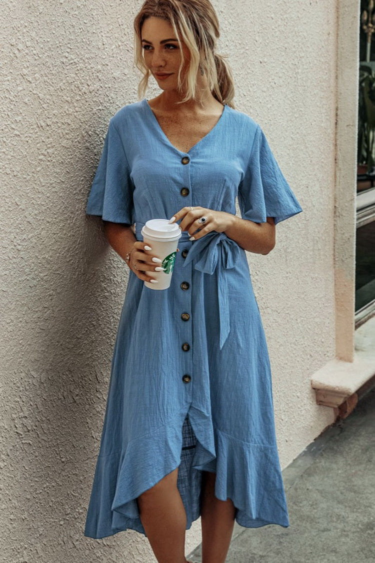 Ruffled V-neck Short Sleeve Button Lace Pure Color Dress