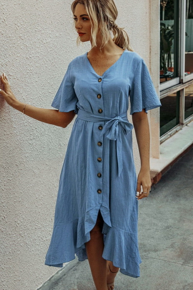 Ruffled V-neck Short Sleeve Button Lace Pure Color Dress