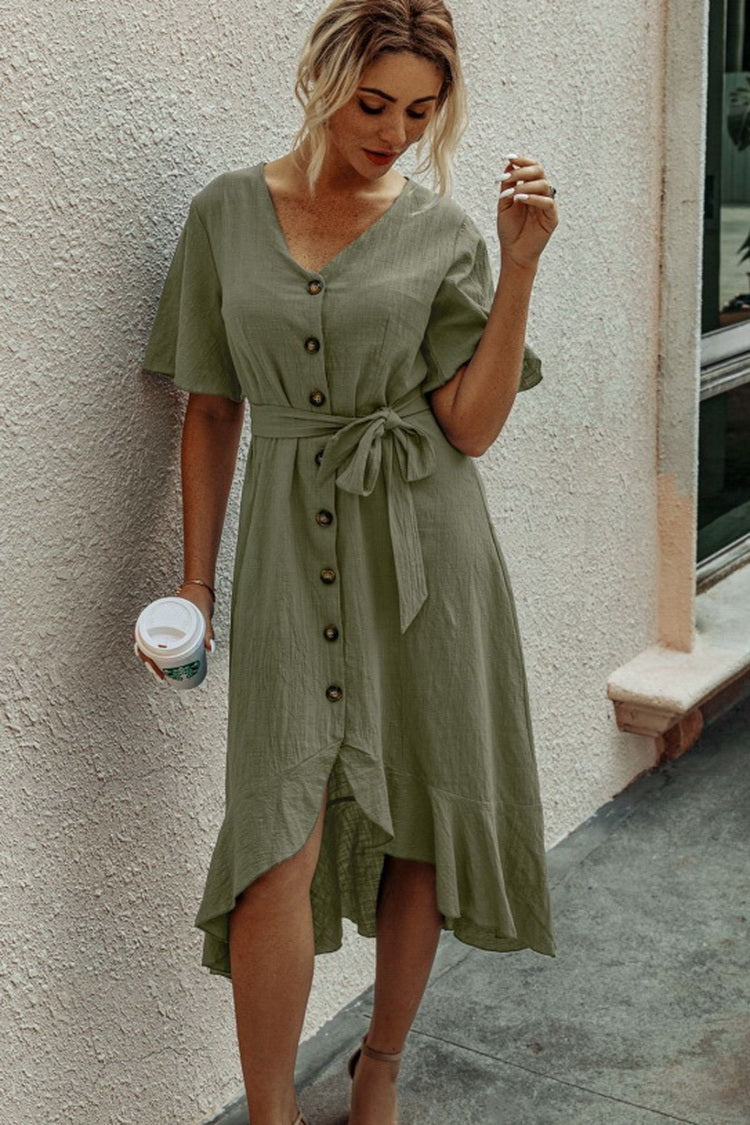 Ruffled V-neck Short Sleeve Button Lace Pure Color Dress