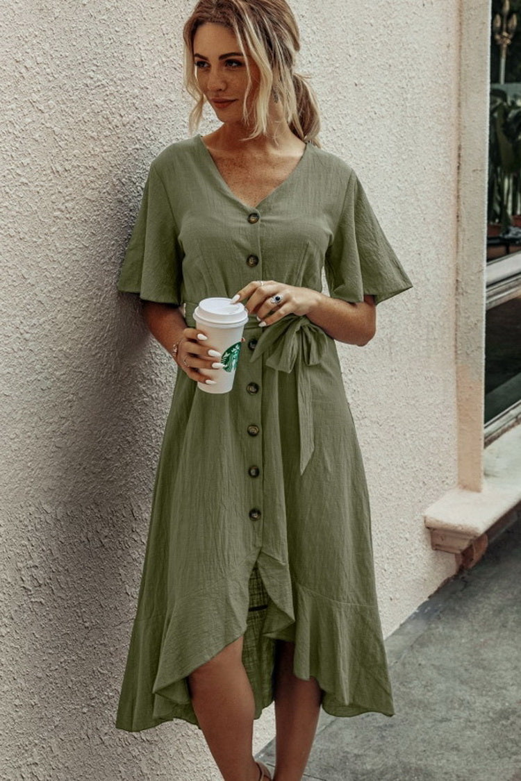 Ruffled V-neck Short Sleeve Button Lace Pure Color Dress