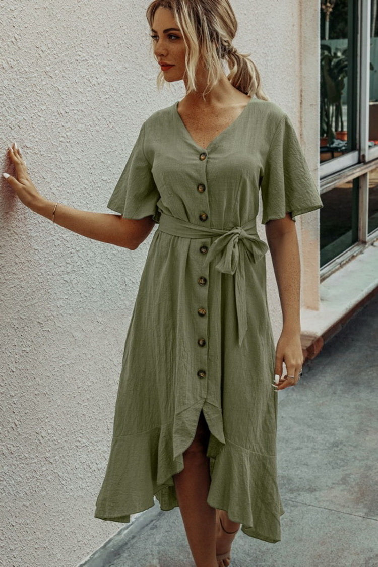 Ruffled V-neck Short Sleeve Button Lace Pure Color Dress