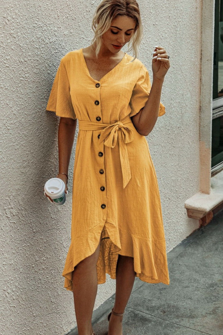 Ruffled V-neck Short Sleeve Button Lace Pure Color Dress