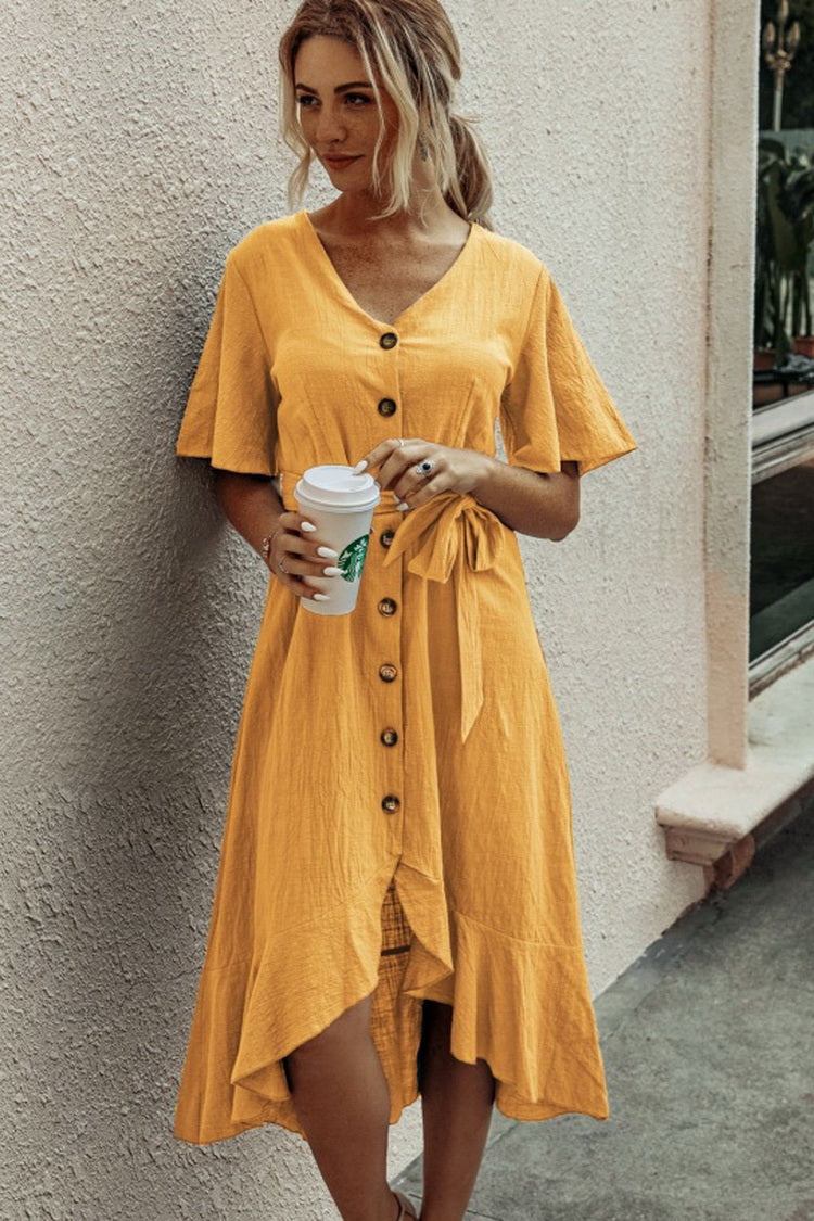 Ruffled V-neck Short Sleeve Button Lace Pure Color Dress