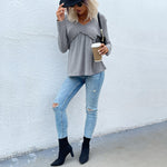 Paneled v-neck Ruffled Waffle Knit Top