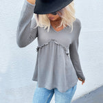 Paneled v-neck Ruffled Waffle Knit Top