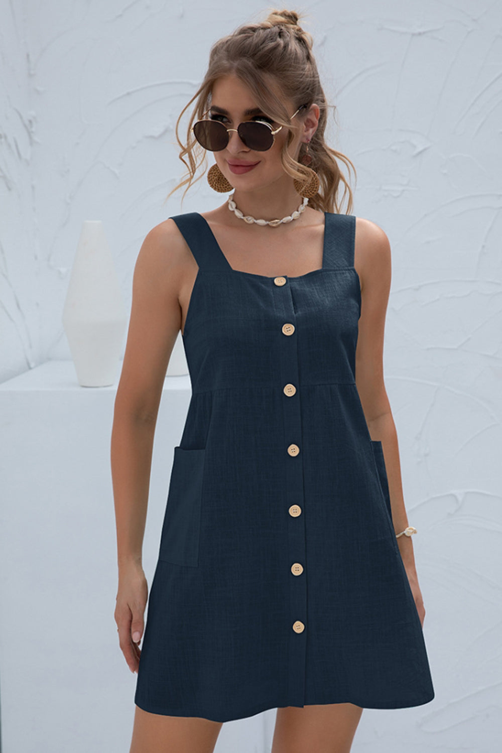Solid Color Pocket Strap Short Dress