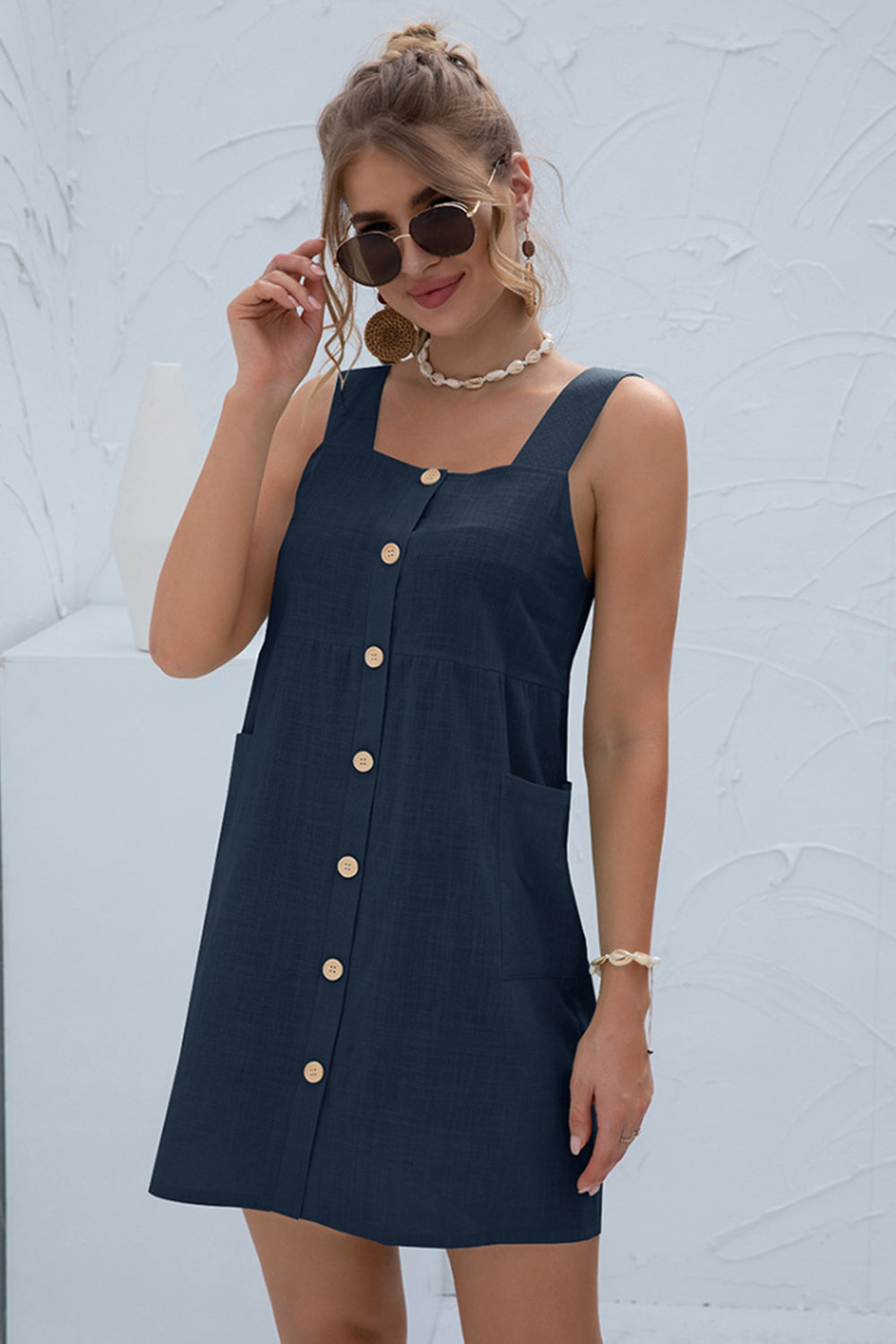 Solid Color Pocket Strap Short Dress