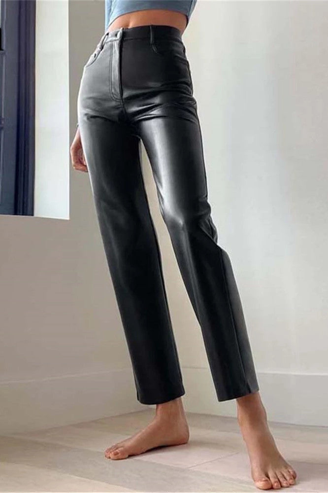 Pantalon droit taille haute en similicuir