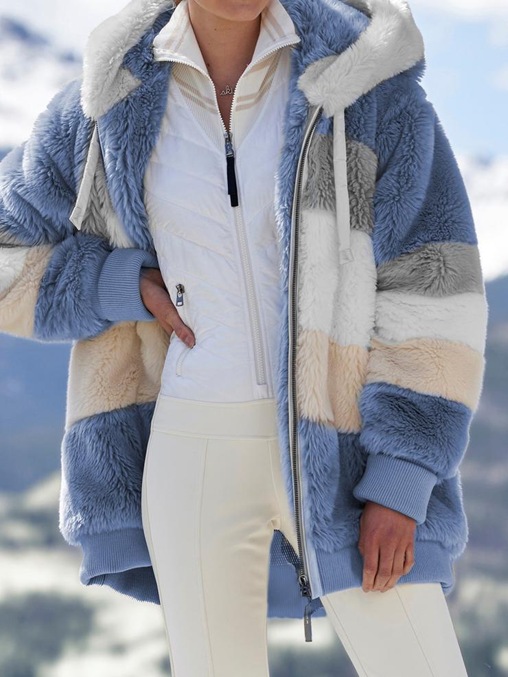 Manteau à capuche en peluche à carreaux avec coutures décontractées