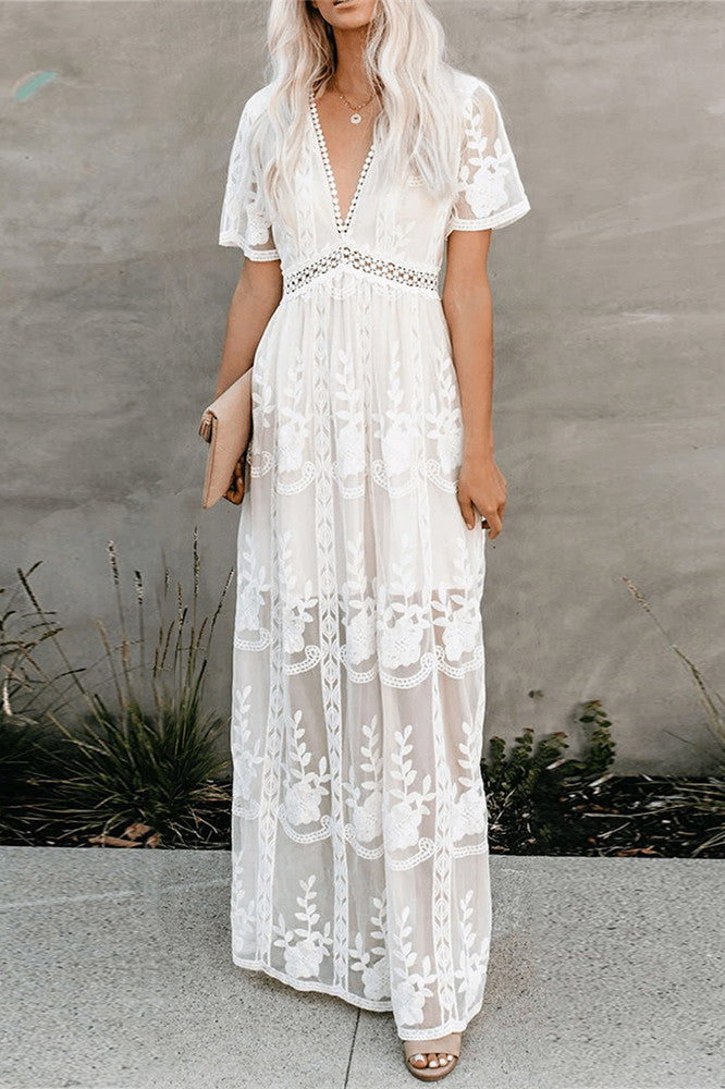 Robe de plage tunique longue en dentelle brodée