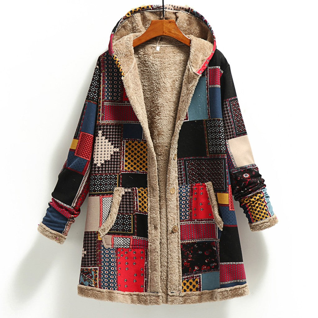 Vintage Thick Fleece Hooded Long Coat