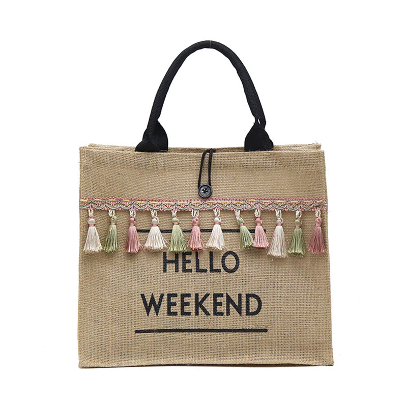 „Hello Weekend“-Umhängetasche mit Quaste 