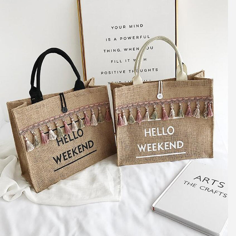 „Hello Weekend“-Umhängetasche mit Quaste 
