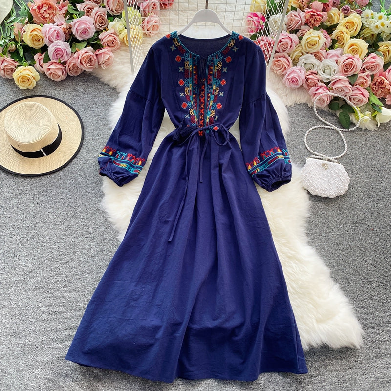 Robe Bressée à Bretelles Florales Vintage à Manches Longues et à Bretelles