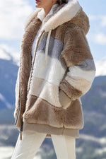 Lässiger, karierter Plüsch-Kapuzenmantel mit Nähten