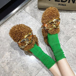 Mules féminines en métal et fourrure, tongs