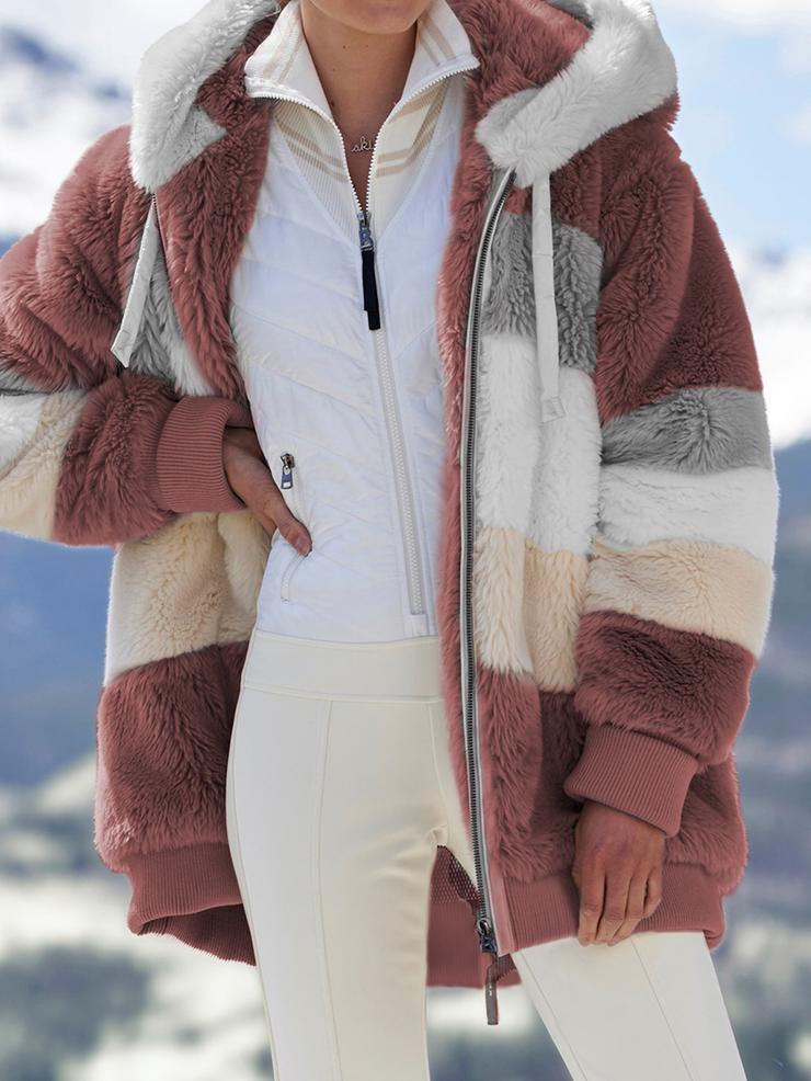 Manteau à capuche en peluche à carreaux avec coutures décontractées