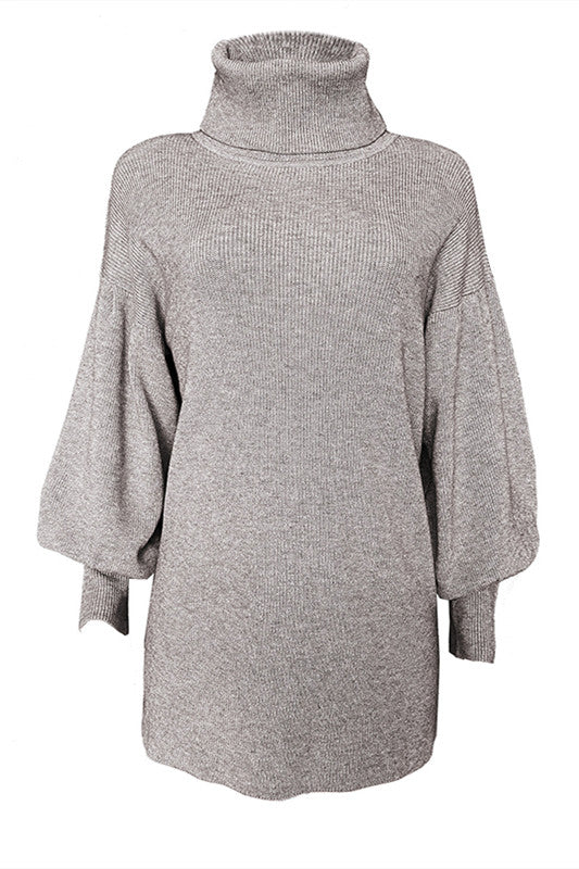 Robe pull moulante en tricot à col roulé et manches lanterne