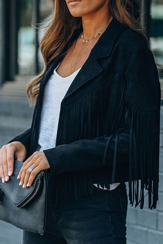 Vintage Lapel Long Sleeve Fringe Cropped Hippie Jacket