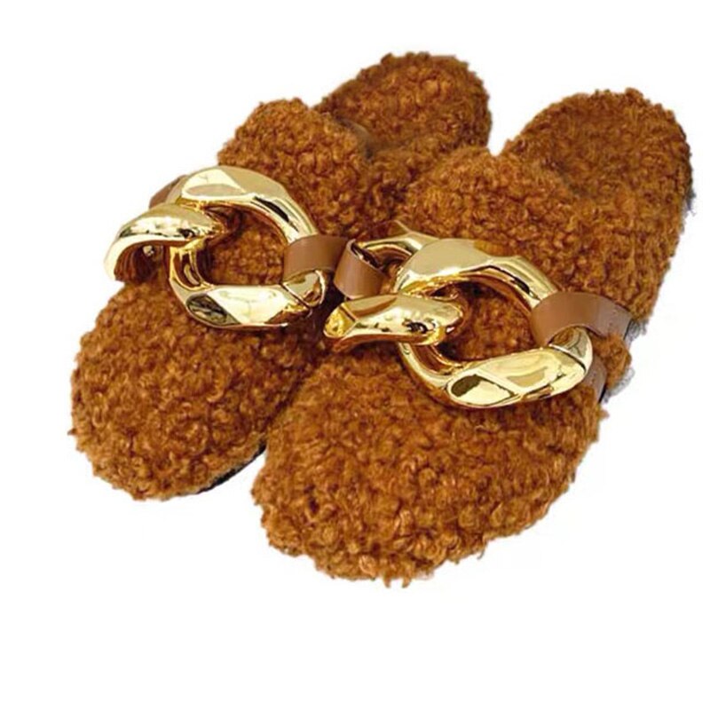 Damen-Mules-Flip-Flops aus pelzigem Pelz und Metall