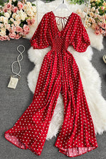 Polka Dot Puff Short Sleeve High Waist Jumpsuit
