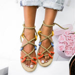 Hemp Straw Lace Up Rope Peep Toe Sandals